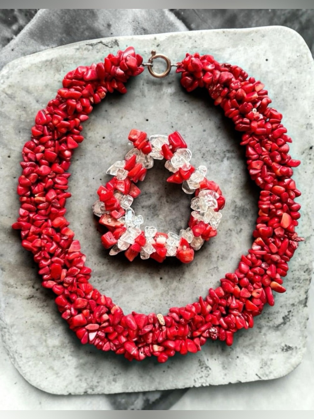 Bohemian Red Coral Torsade Statement Necklace & Crystal Quartz Bracelet Set